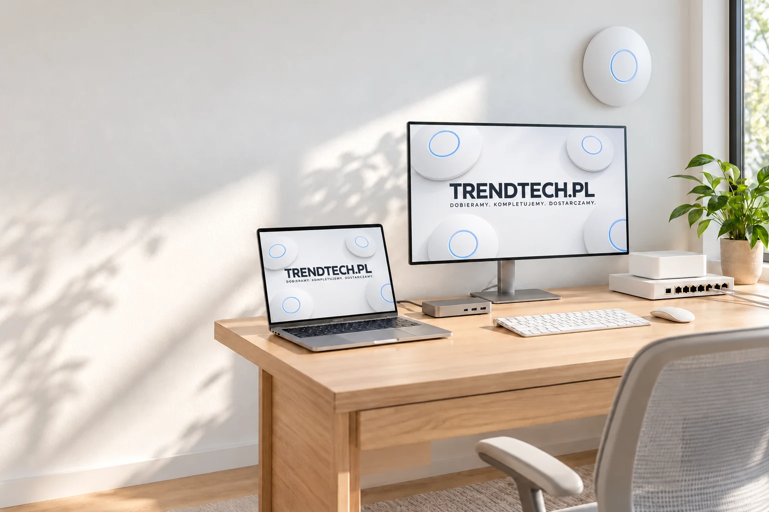 Biurko ze sprzętem IT i logo TRENDTECH.PL na ekranach - ilustracja